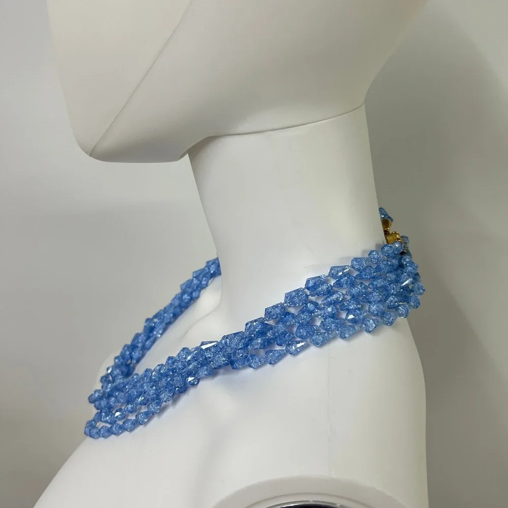 Vintage Multi Strand Beaded Bib Necklace Blue Mermaidcore Coastal Grandma Glam